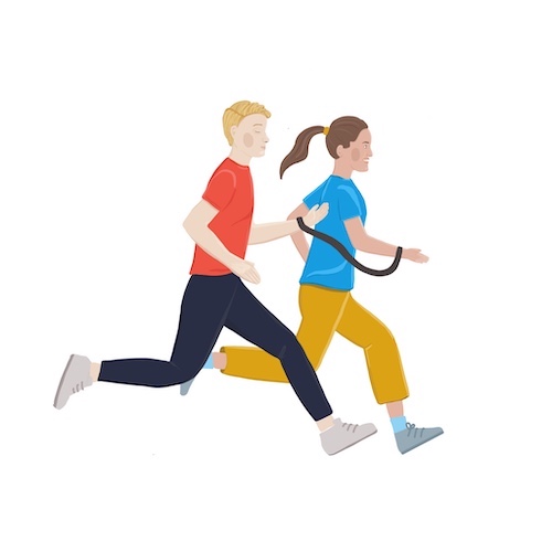 Rysunek wspólnie biegnącej pary. Kobieta wyprzedza niewidomego partnera o pół kroku, są połączeni taśmą.